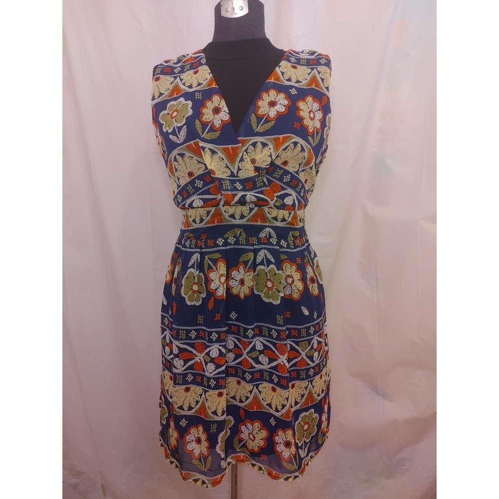 Mela Loves London V Neck Blue Flowers Lined Sleeveless‎ Women's Dress Midi Sz16